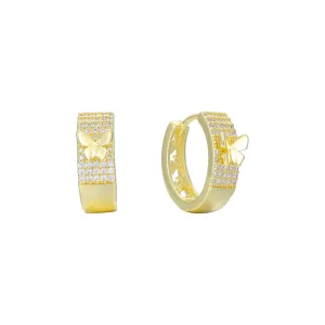 Paved white czs butterfly 14K Gold cluster huggie earrings