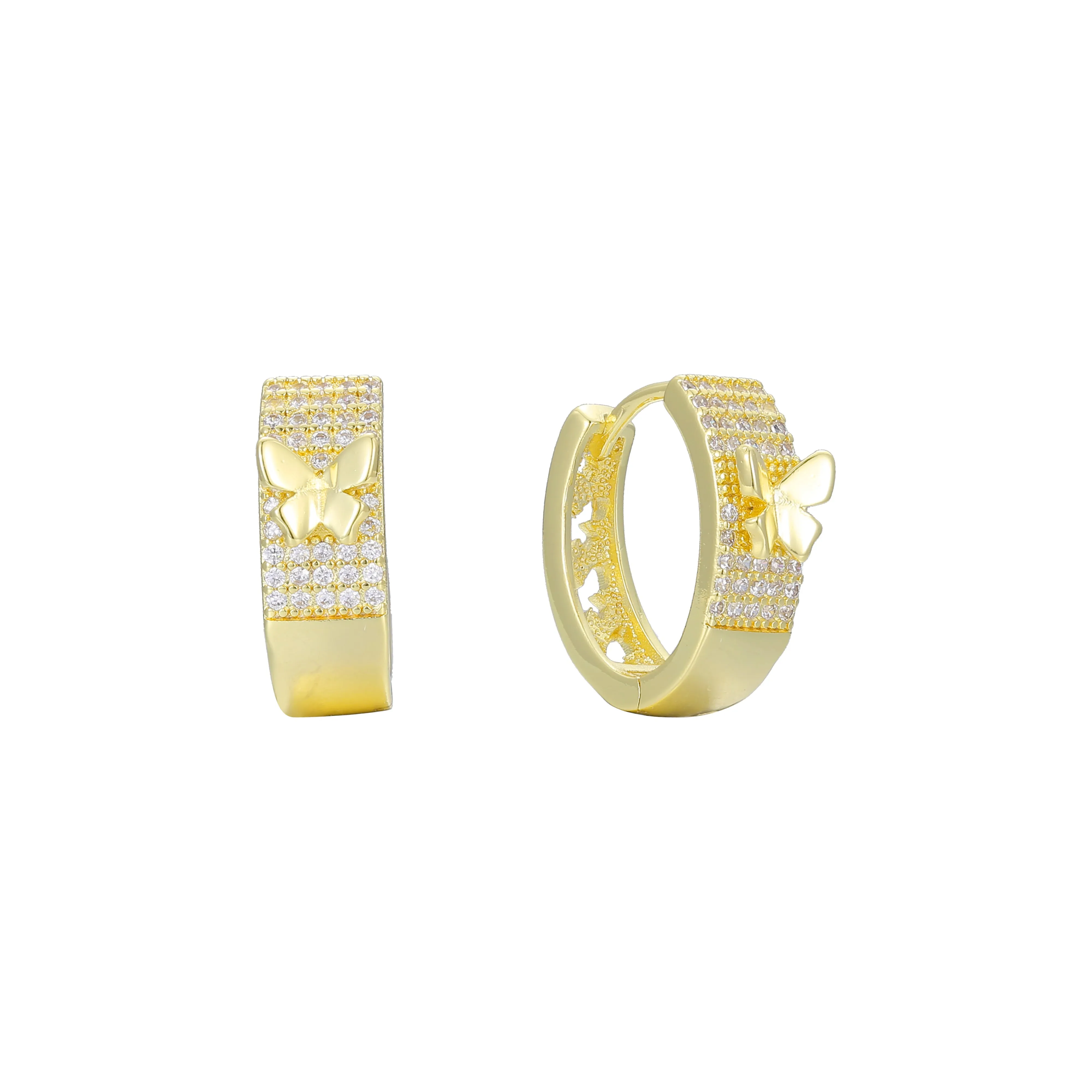 Paved white czs butterfly 14K Gold cluster huggie earrings