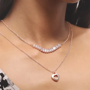 Rhinestone Studded Pendant & Metallic Heart Pendants Rose Gold-Toned Layered Necklace