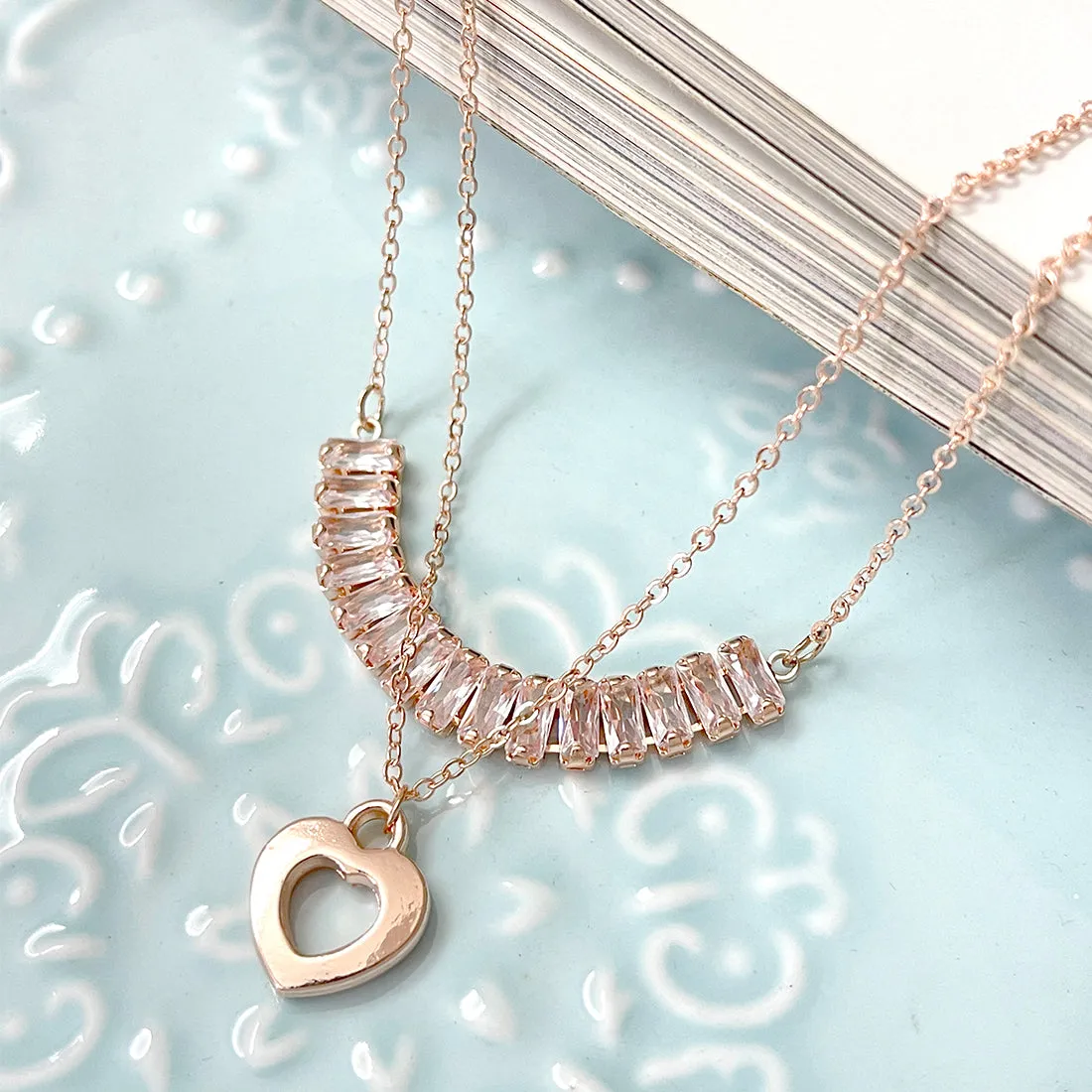 Rhinestone Studded Pendant & Metallic Heart Pendants Rose Gold-Toned Layered Necklace
