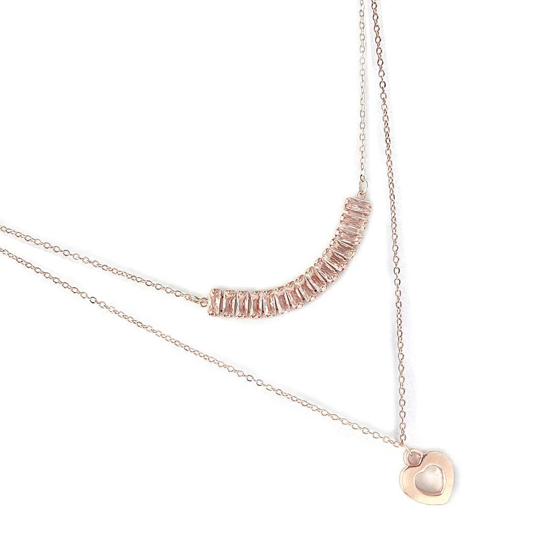 Rhinestone Studded Pendant & Metallic Heart Pendants Rose Gold-Toned Layered Necklace