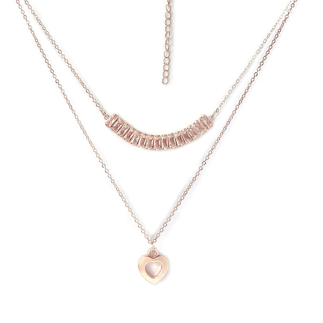 Rhinestone Studded Pendant & Metallic Heart Pendants Rose Gold-Toned Layered Necklace