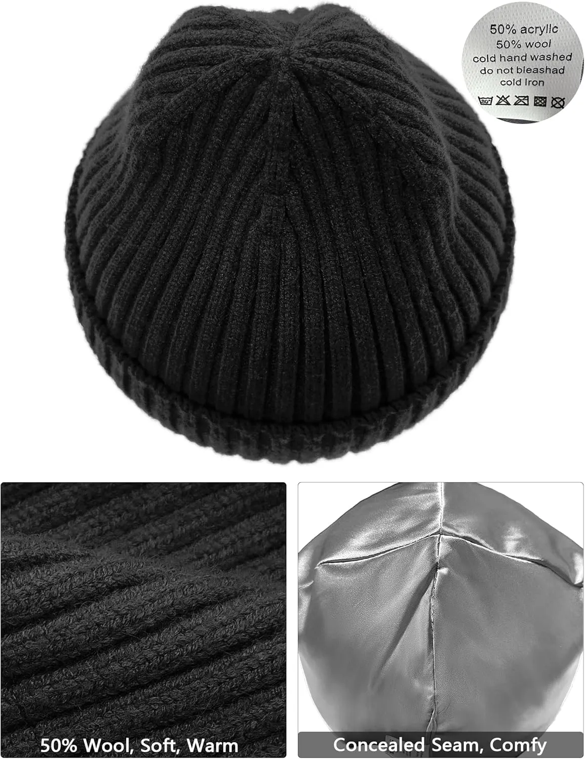 Satin Lined Wool Beanie Hat for Women Men Winter Cold, Warm Knit Fashion Cuffed Beanie Skull Cap Watch Cap