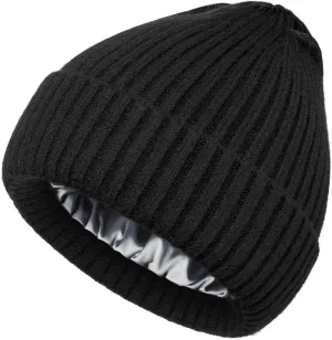 Satin Lined Wool Beanie Hat for Women Men Winter Cold, Warm Knit Fashion Cuffed Beanie Skull Cap Watch Cap