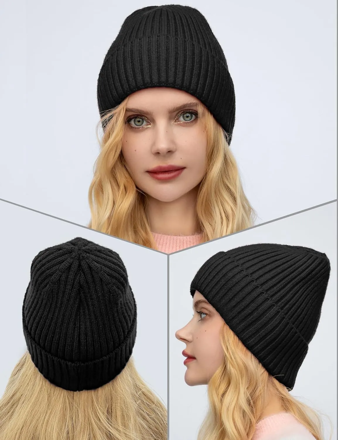 Satin Lined Wool Beanie Hat for Women Men Winter Cold, Warm Knit Fashion Cuffed Beanie Skull Cap Watch Cap