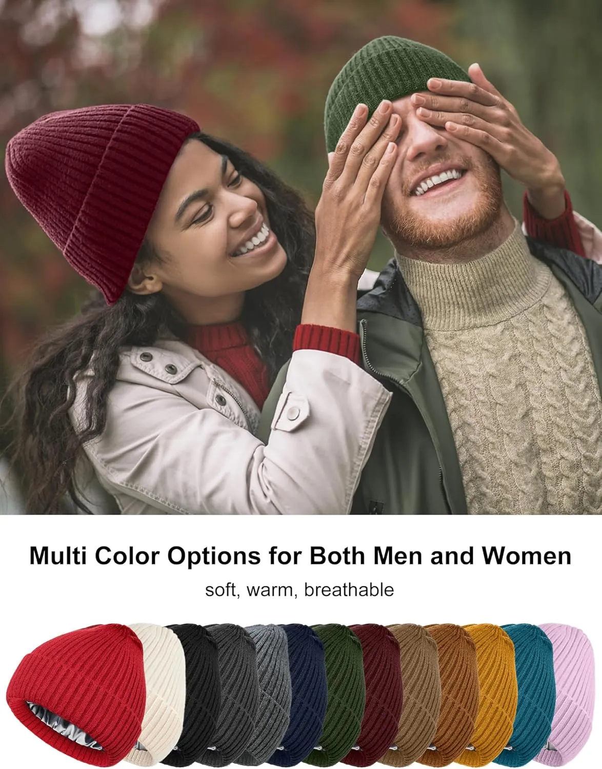 Satin Lined Wool Beanie Hat for Women Men Winter Cold, Warm Knit Fashion Cuffed Beanie Skull Cap Watch Cap