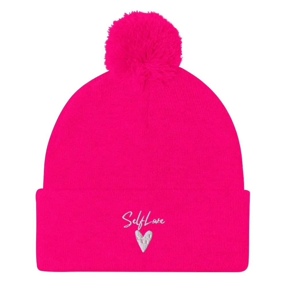 Self Love - Pom-Pom Beanie - Winter Beanie with Embroidery