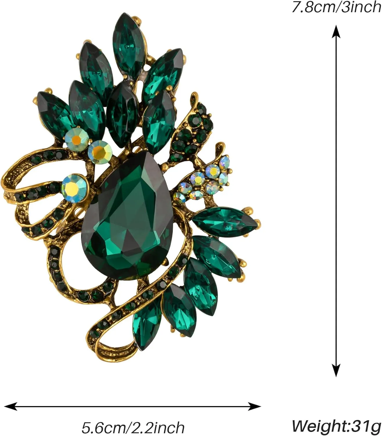 SELOVO Leaf Rhinestone Statement Brooch Pin Dress Jewelry Accessory
