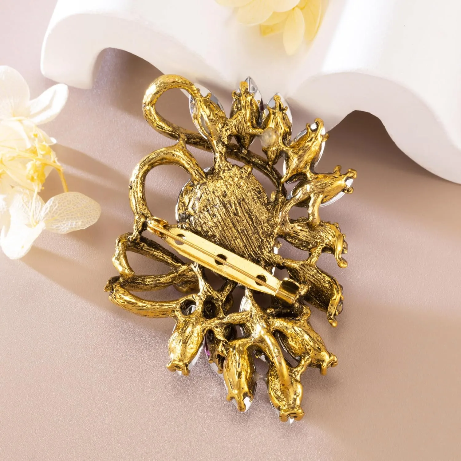 SELOVO Leaf Rhinestone Statement Brooch Pin Dress Jewelry Accessory