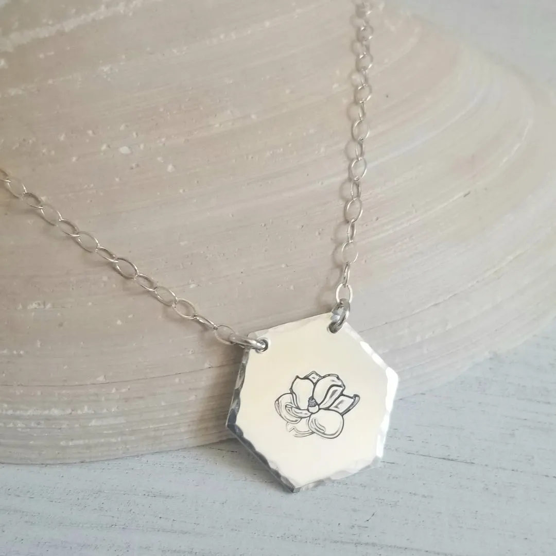 Silver Flower Pendant Necklace, Hand Stamped Flower Necklace