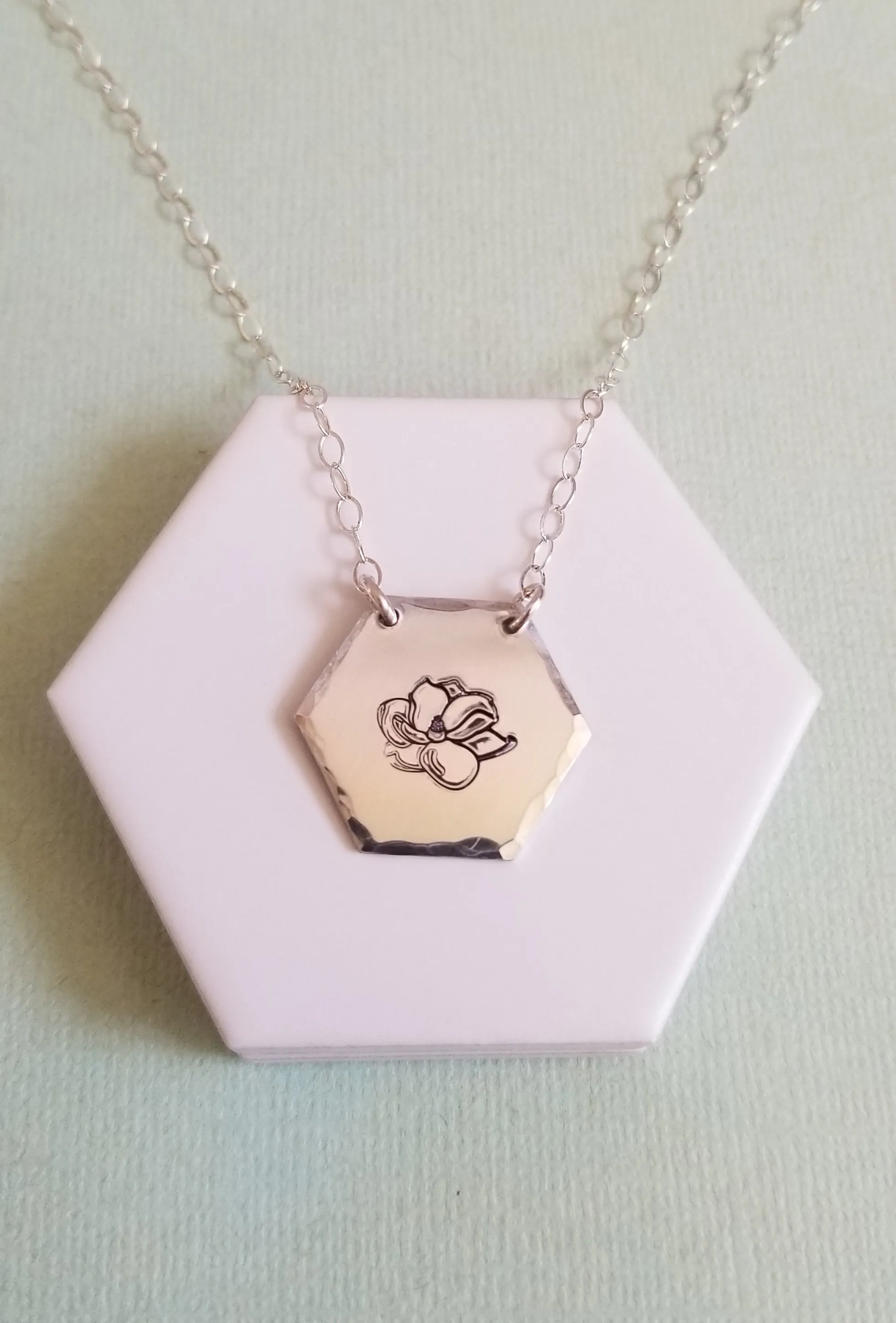 Silver Flower Pendant Necklace, Hand Stamped Flower Necklace