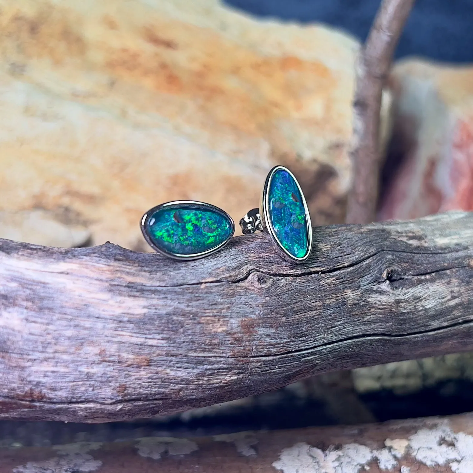 Sterling Silver Large Opal triplet stud earrings Blue Green freeform