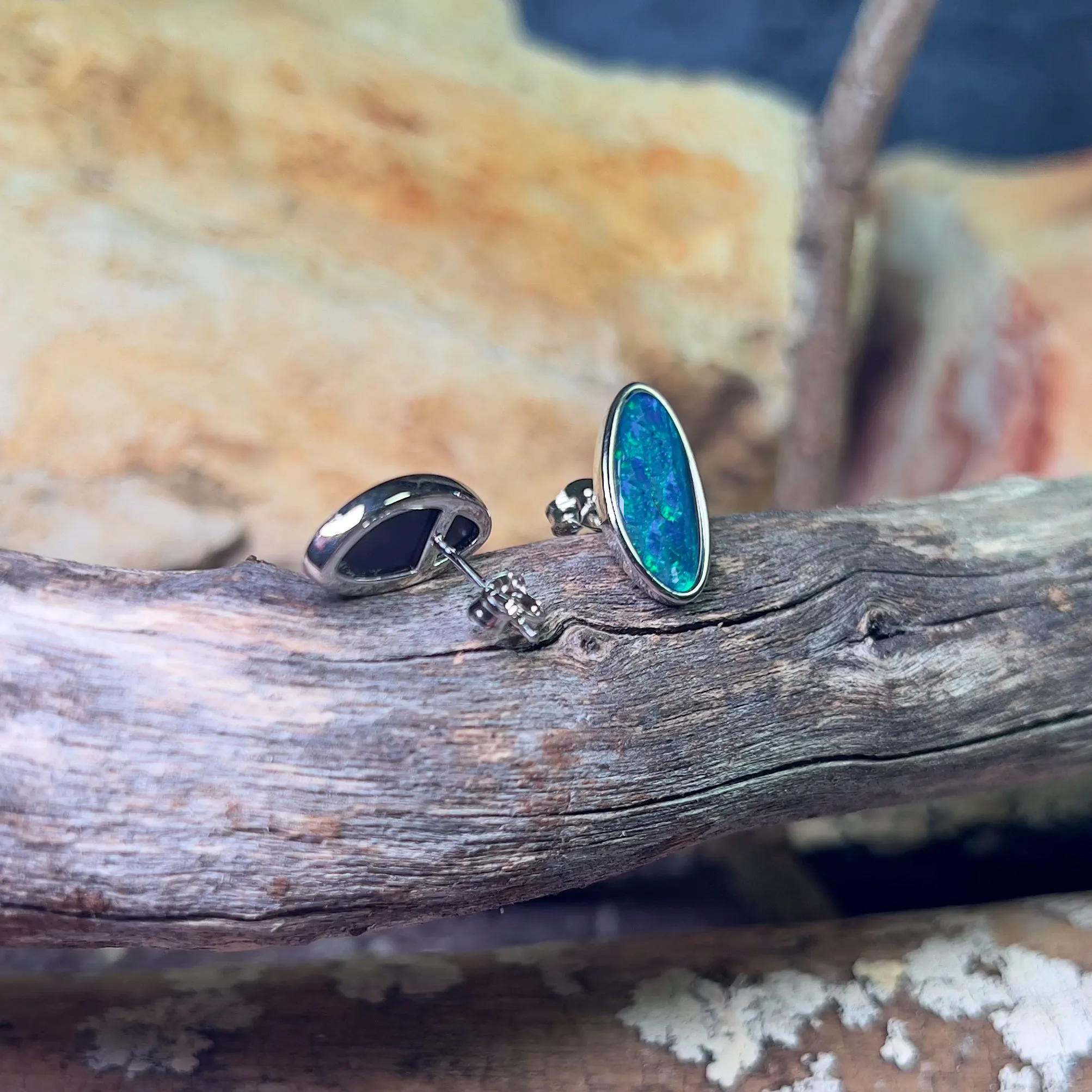 Sterling Silver Large Opal triplet stud earrings Blue Green freeform