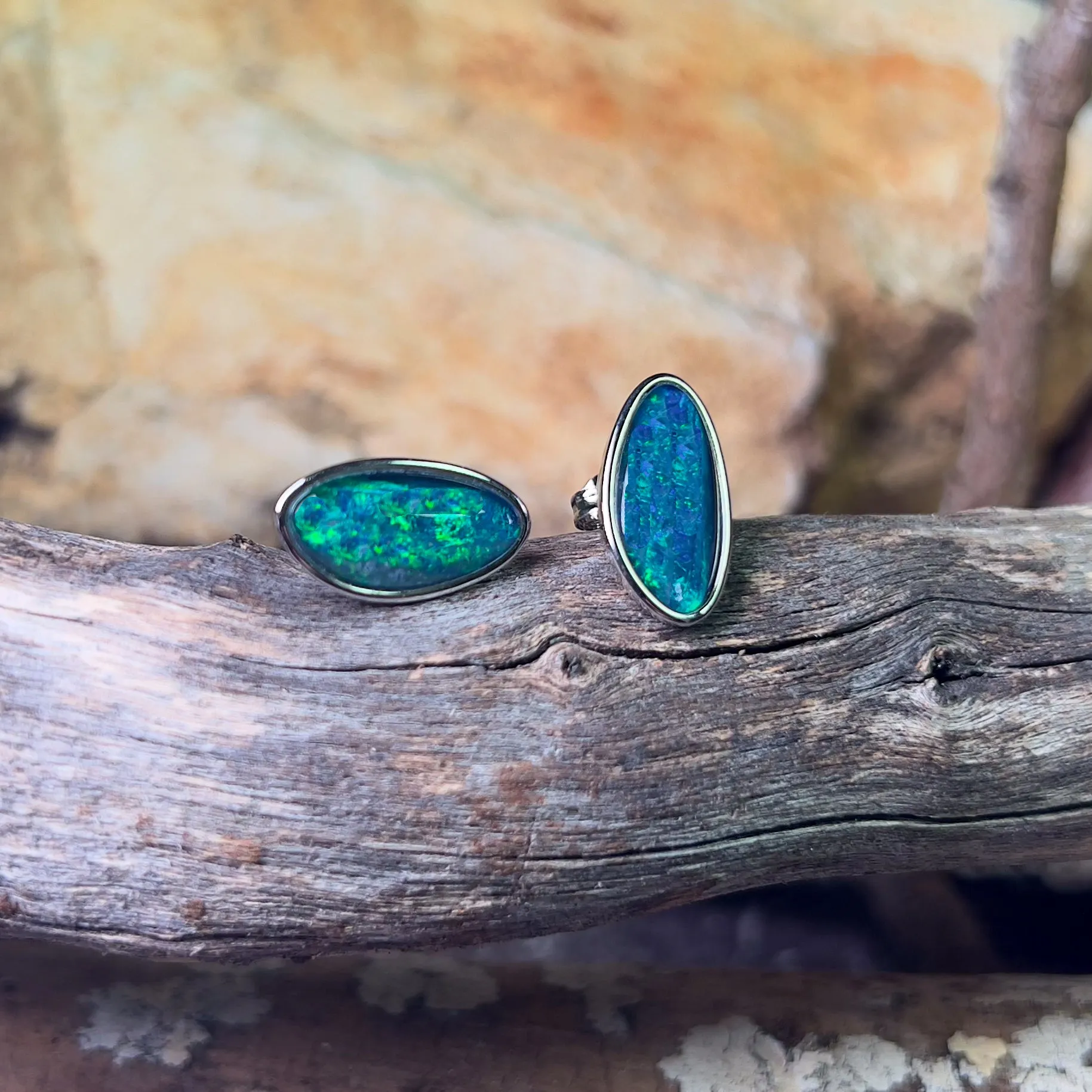 Sterling Silver Large Opal triplet stud earrings Blue Green freeform
