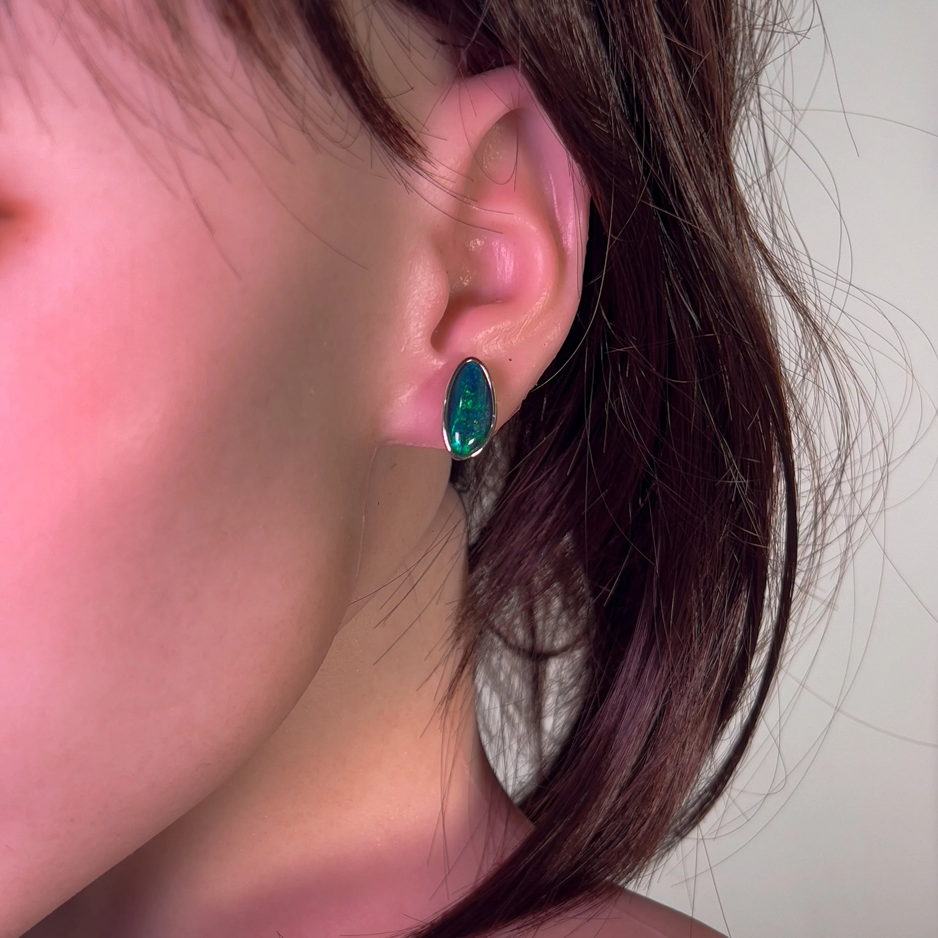 Sterling Silver Large Opal triplet stud earrings Blue Green freeform