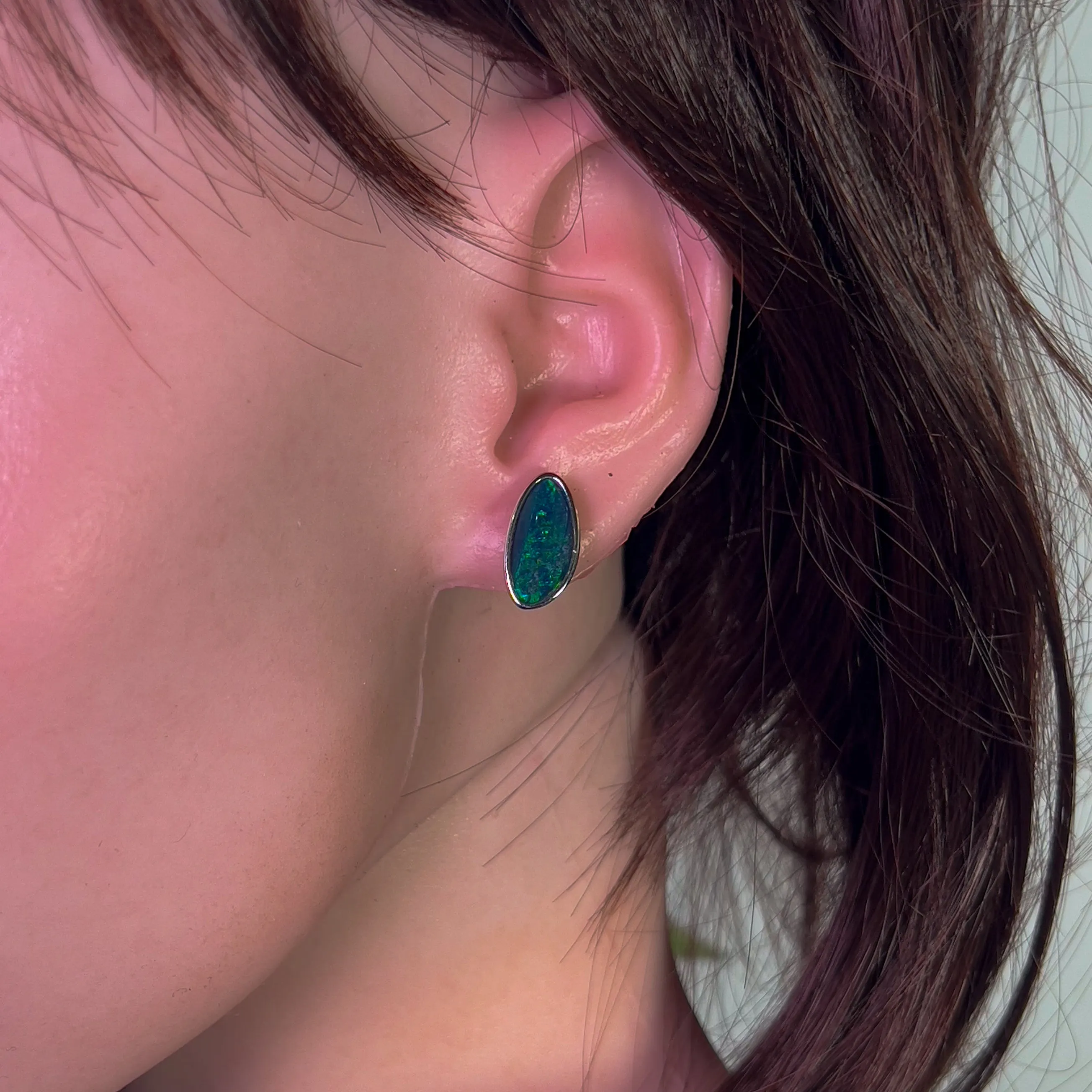 Sterling Silver Large Opal triplet stud earrings Blue Green freeform