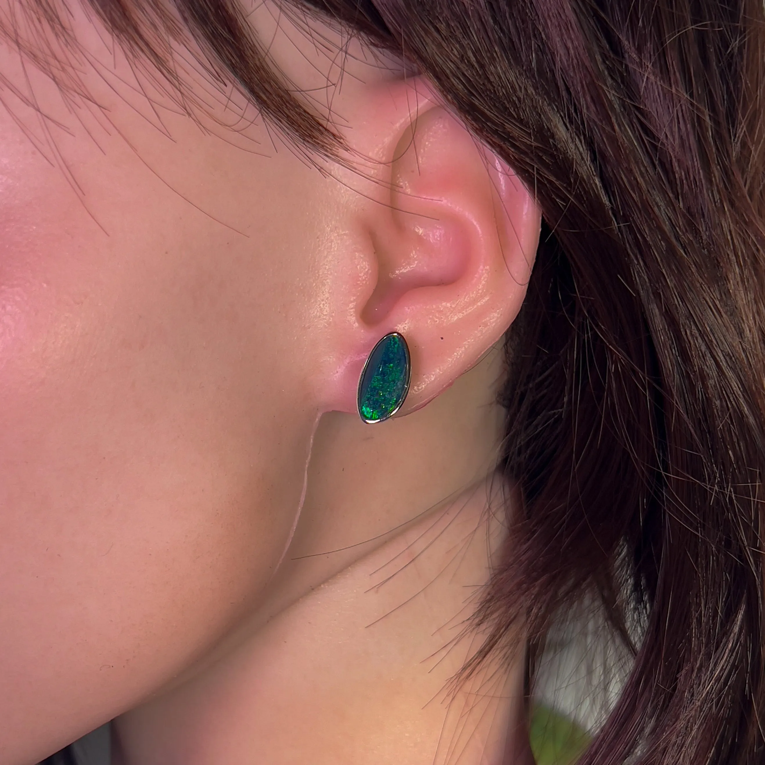Sterling Silver Large Opal triplet stud earrings Blue Green freeform