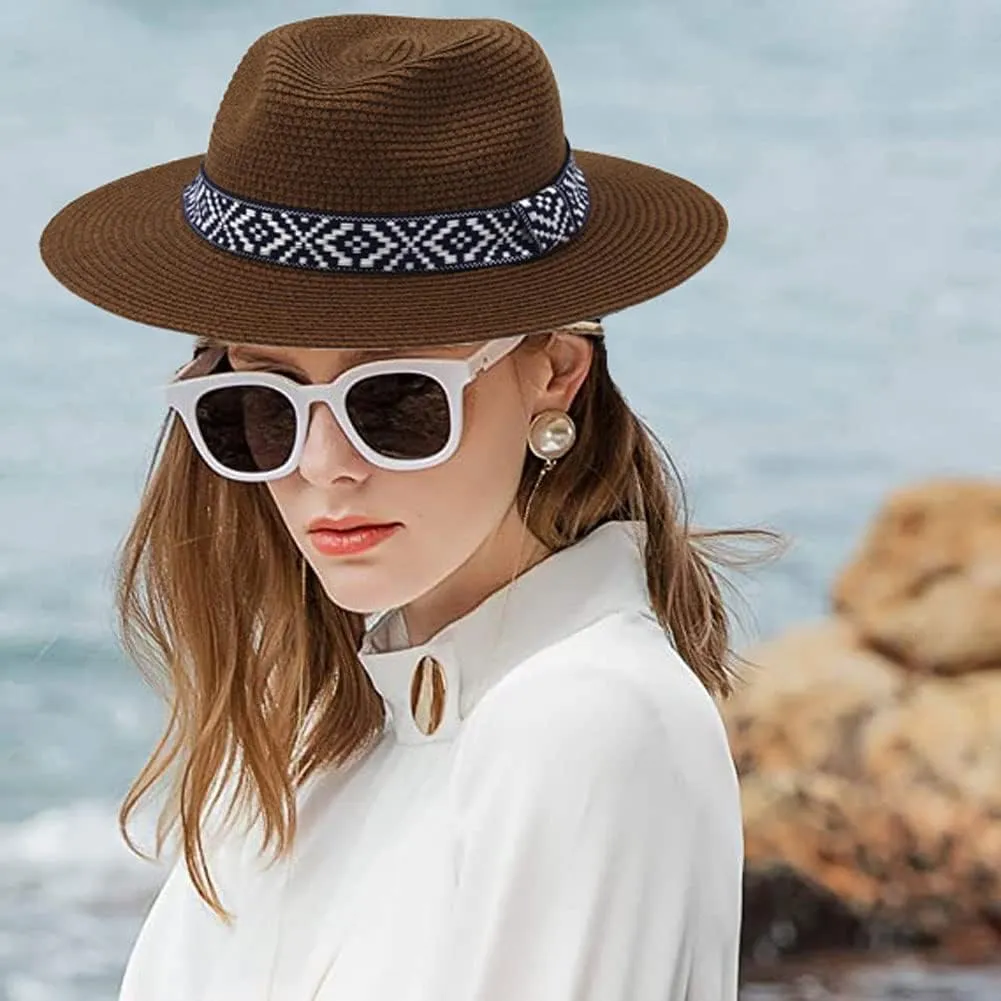 Straw Panama Hat Summer Sun Fedora Hat Wide Brim Beach Sun Hat UPF50  Cowboy Hat Classic Beach Jazz Hat
