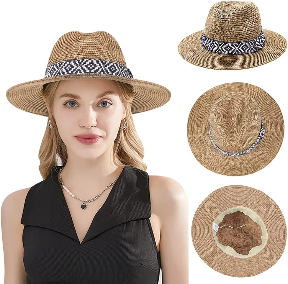 Straw Panama Hat Summer Sun Fedora Hat Wide Brim Beach Sun Hat UPF50  Cowboy Hat Classic Beach Jazz Hat