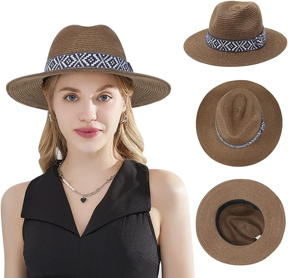 Straw Panama Hat Summer Sun Fedora Hat Wide Brim Beach Sun Hat UPF50  Cowboy Hat Classic Beach Jazz Hat