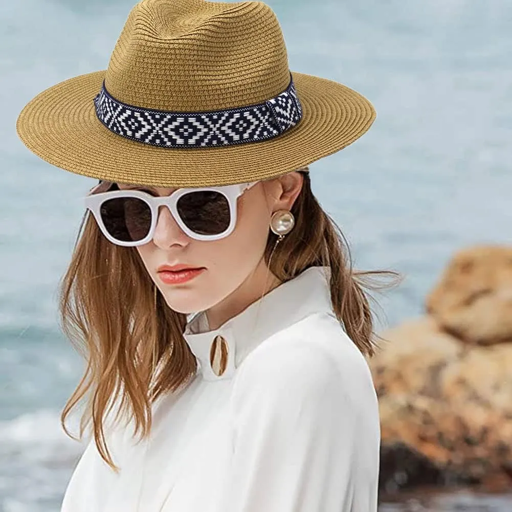 Straw Panama Hat Summer Sun Fedora Hat Wide Brim Beach Sun Hat UPF50  Cowboy Hat Classic Beach Jazz Hat