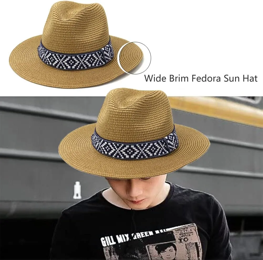 Straw Panama Hat Summer Sun Fedora Hat Wide Brim Beach Sun Hat UPF50  Cowboy Hat Classic Beach Jazz Hat