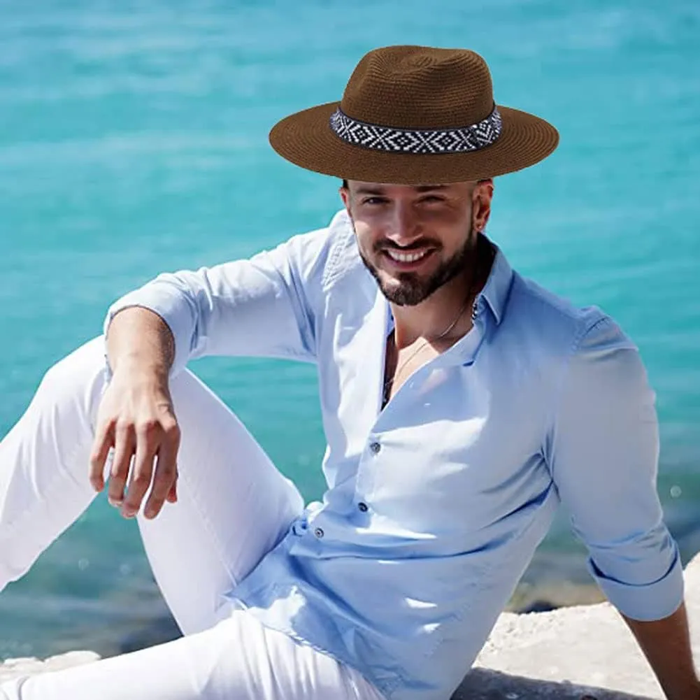 Straw Panama Hat Summer Sun Fedora Hat Wide Brim Beach Sun Hat UPF50  Cowboy Hat Classic Beach Jazz Hat