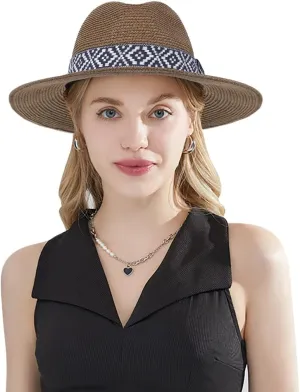 Straw Panama Hat Summer Sun Fedora Hat Wide Brim Beach Sun Hat UPF50  Cowboy Hat Classic Beach Jazz Hat