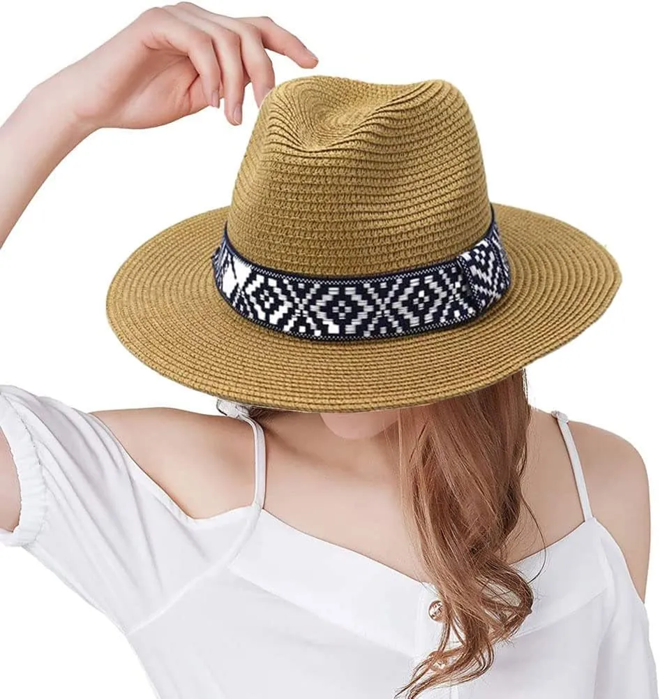 Straw Panama Hat Summer Sun Fedora Hat Wide Brim Beach Sun Hat UPF50  Cowboy Hat Classic Beach Jazz Hat