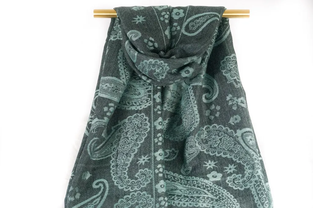 Teal Gray Majestic Paisley Pashmina Scarf Bohemian Shawl