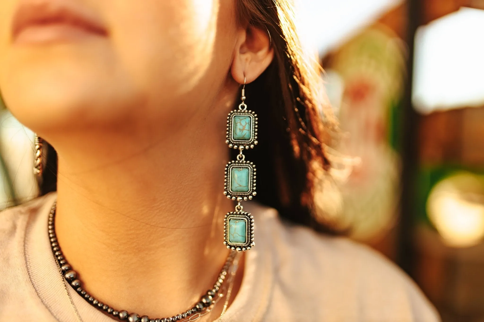 Trio Turquoise Stones Drop Earrings