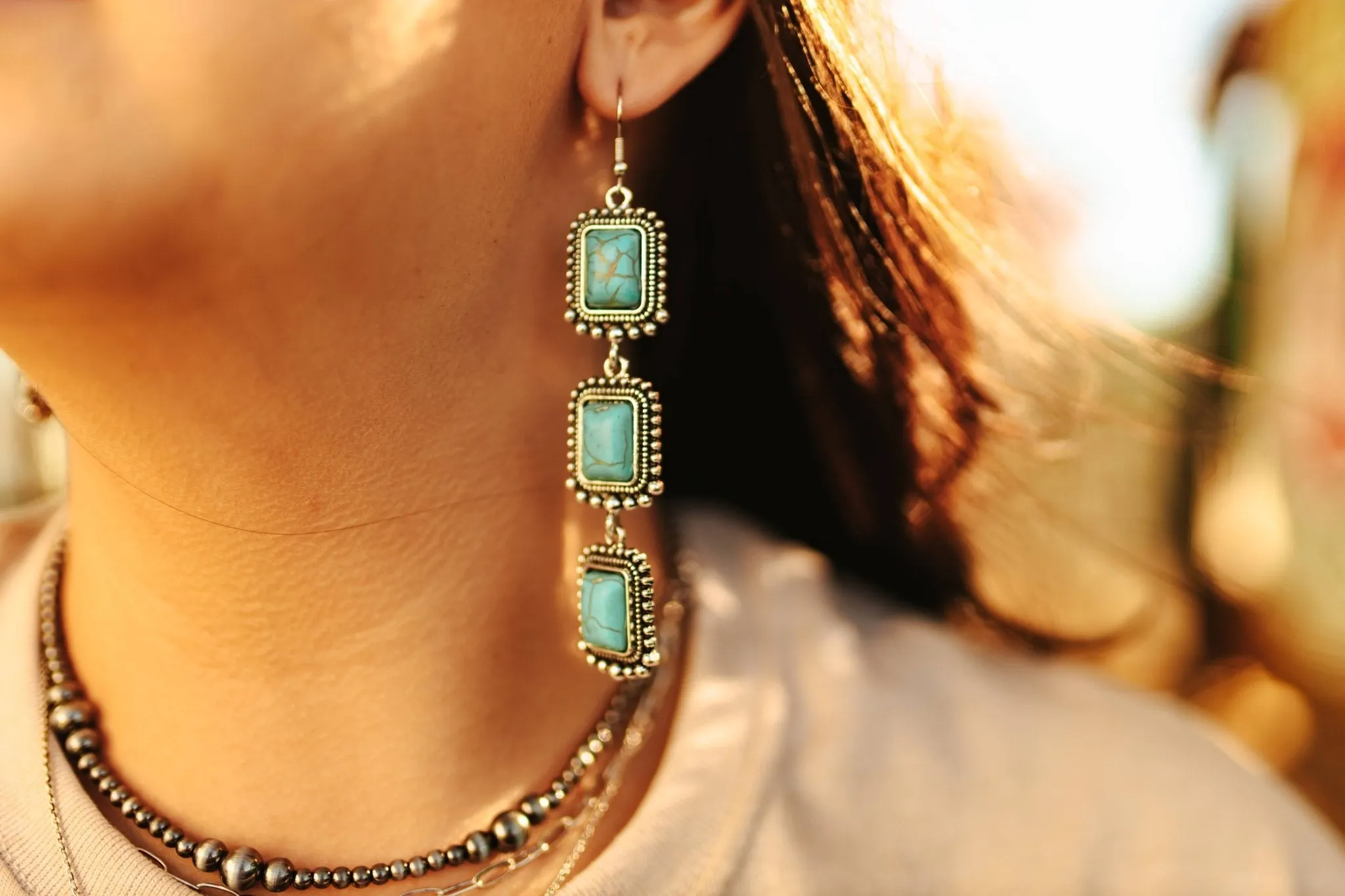 Trio Turquoise Stones Drop Earrings