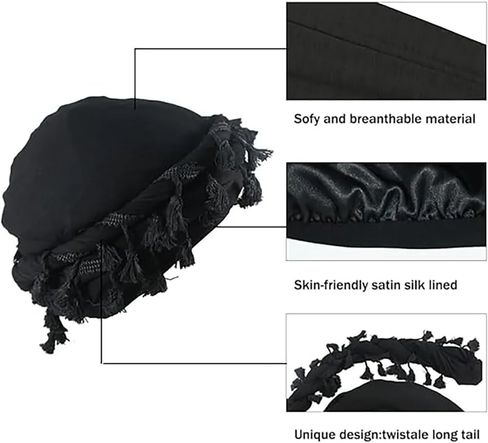 Turban for Men Vintage Twist Head Wraps Satin Lined Halo Turban Head Scarf Lightweight Tassel Beanie Hats