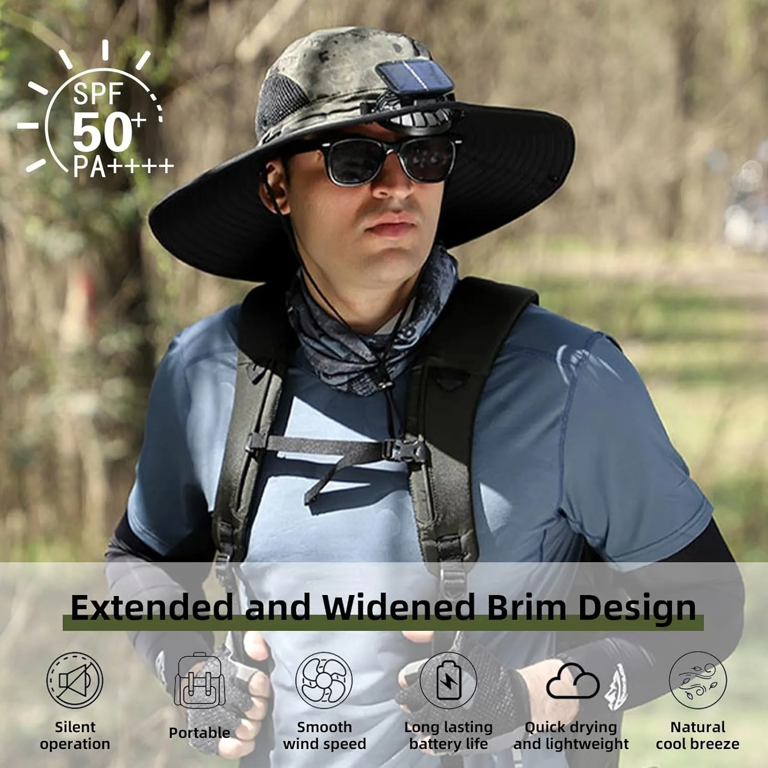 Ultralight Solar Fan Sun Hat,Wide Brim Fan Hat with Dual Solar Power Fans,Cooling Outdoor Fishing Hat for Men & Women UPF 50 