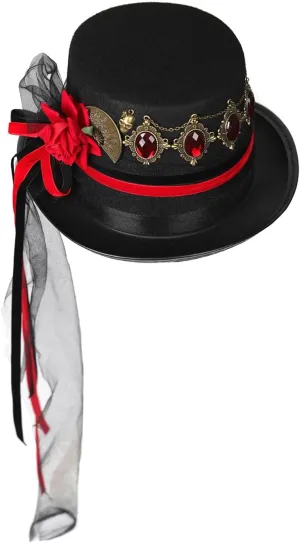 Vintage Adult Women Steampunk Flat Top Hat with Halloween Color Flower Felt Hat Gothic Cosplay Magician Hat