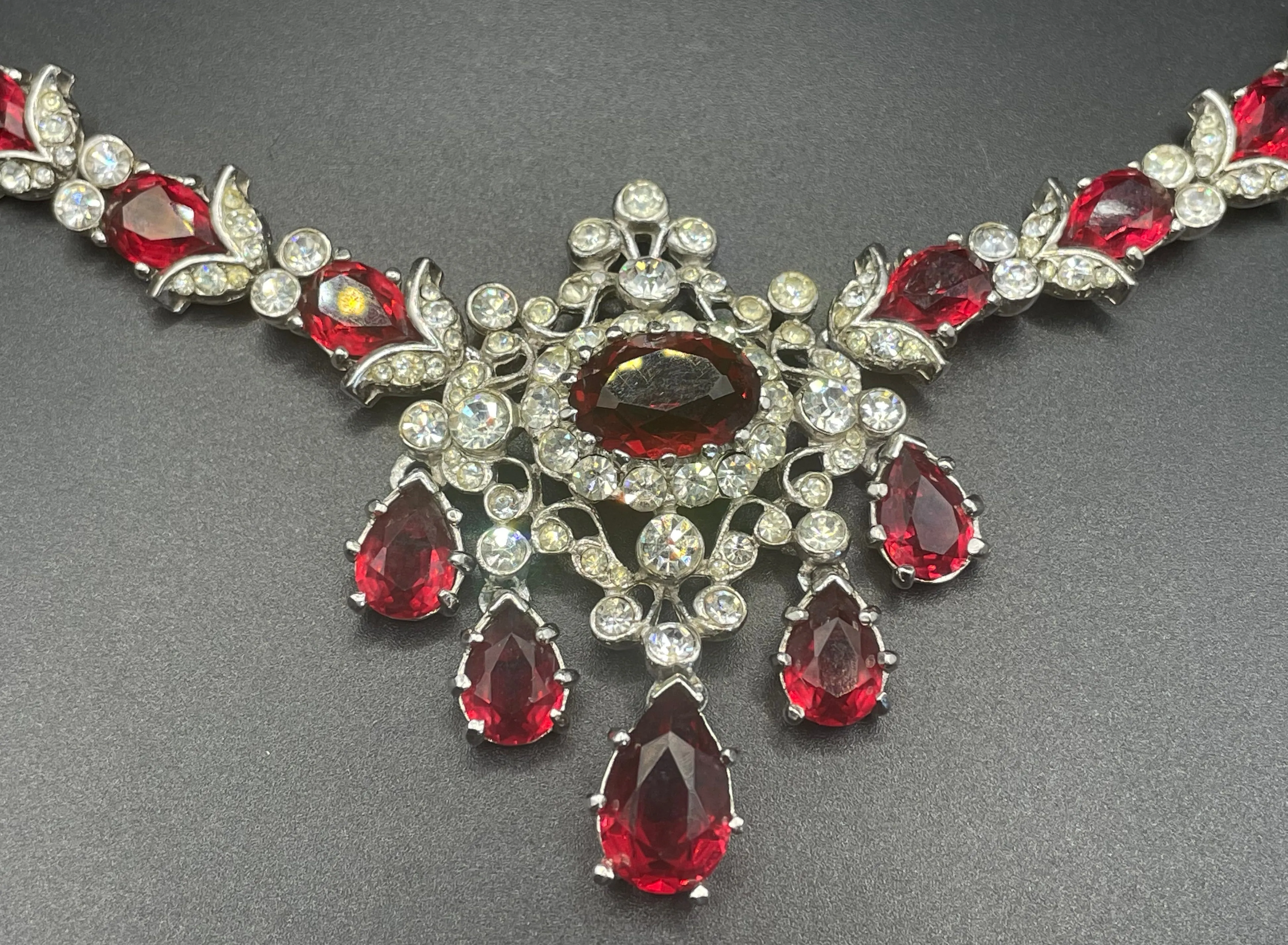 Vintage unsigned baroque style, ornate ruby red and clear rhinestone necklace, fabulous quality