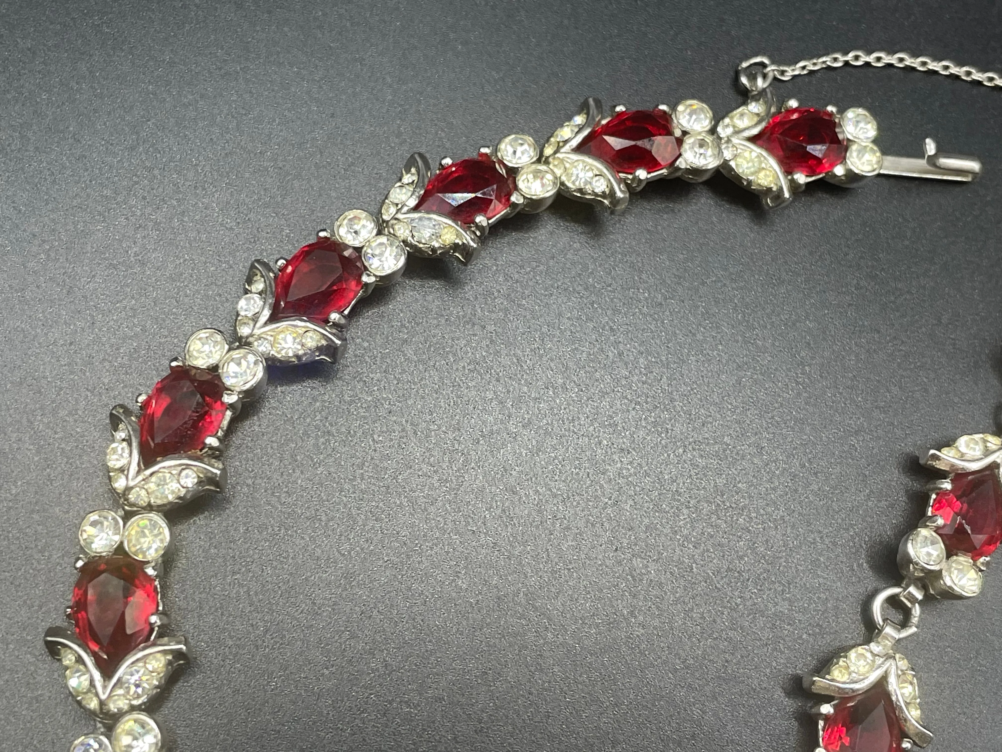 Vintage unsigned baroque style, ornate ruby red and clear rhinestone necklace, fabulous quality