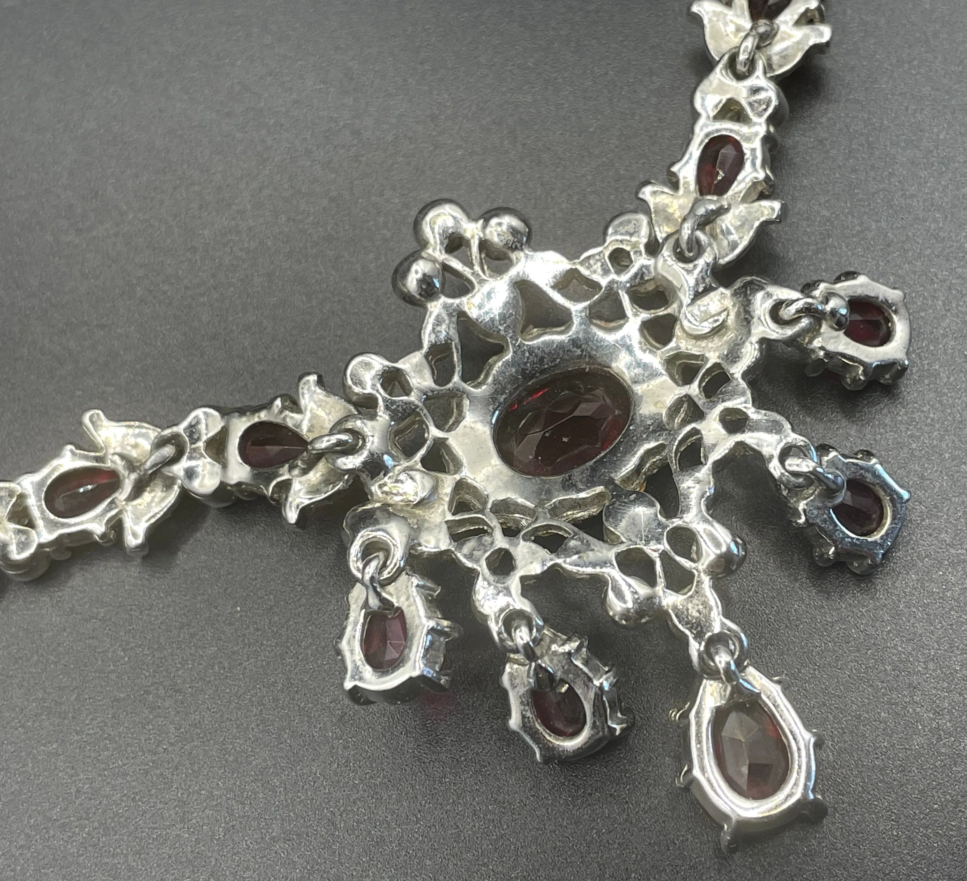 Vintage unsigned baroque style, ornate ruby red and clear rhinestone necklace, fabulous quality