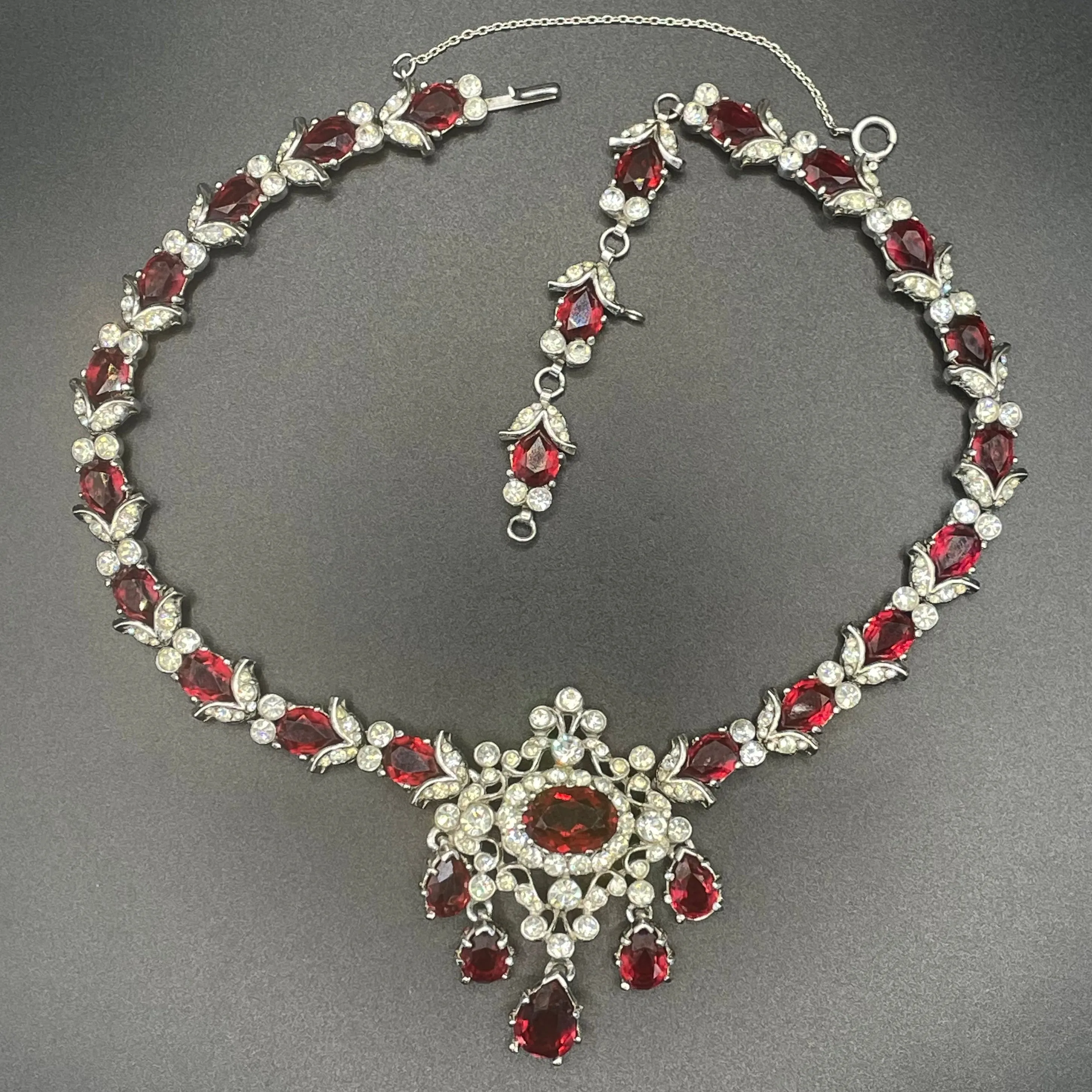 Vintage unsigned baroque style, ornate ruby red and clear rhinestone necklace, fabulous quality