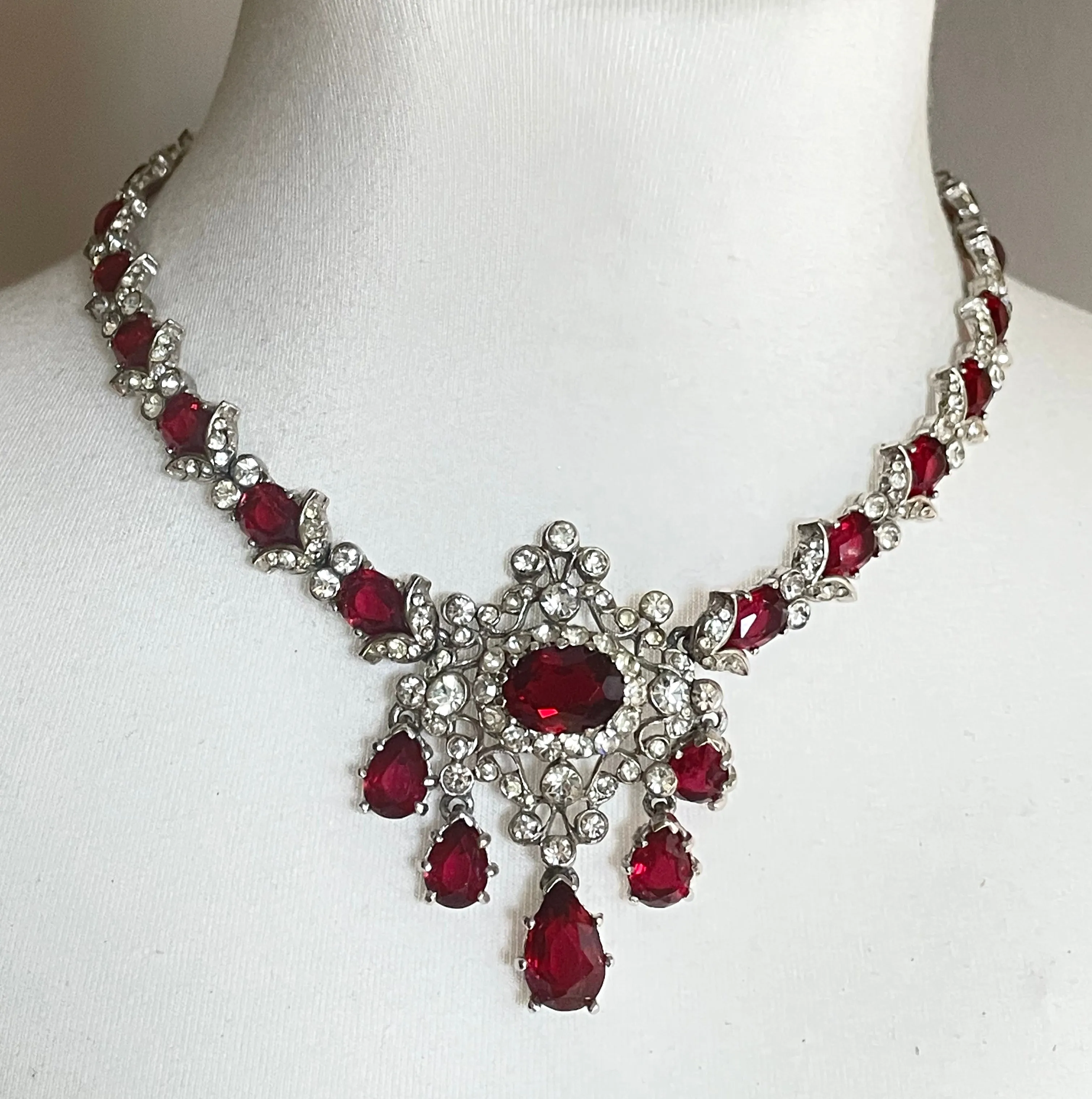 Vintage unsigned baroque style, ornate ruby red and clear rhinestone necklace, fabulous quality