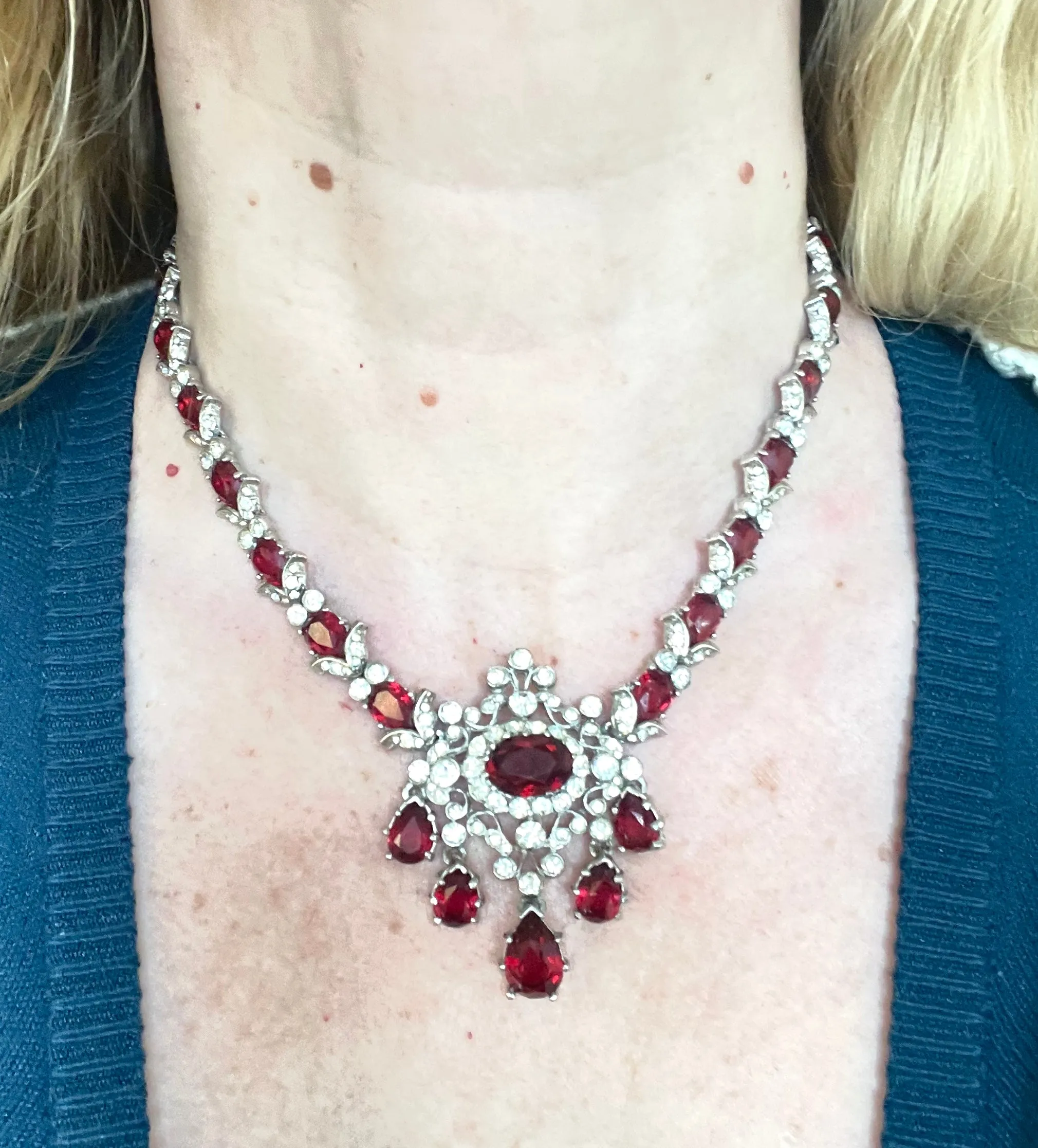 Vintage unsigned baroque style, ornate ruby red and clear rhinestone necklace, fabulous quality