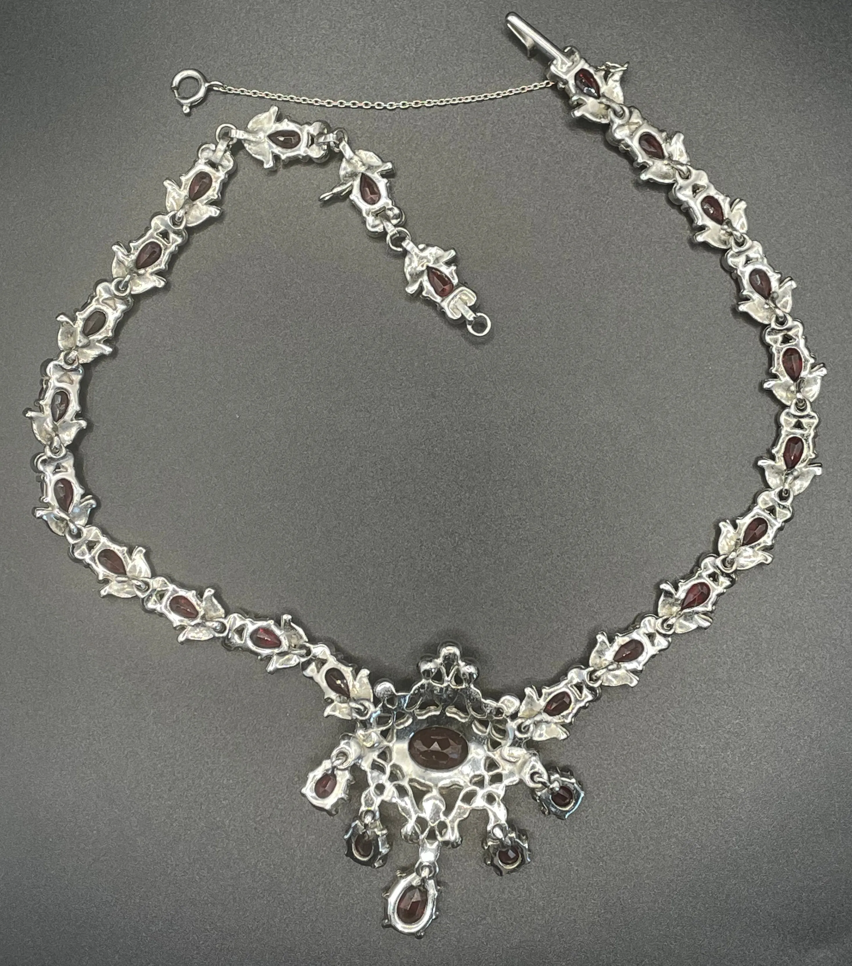 Vintage unsigned baroque style, ornate ruby red and clear rhinestone necklace, fabulous quality