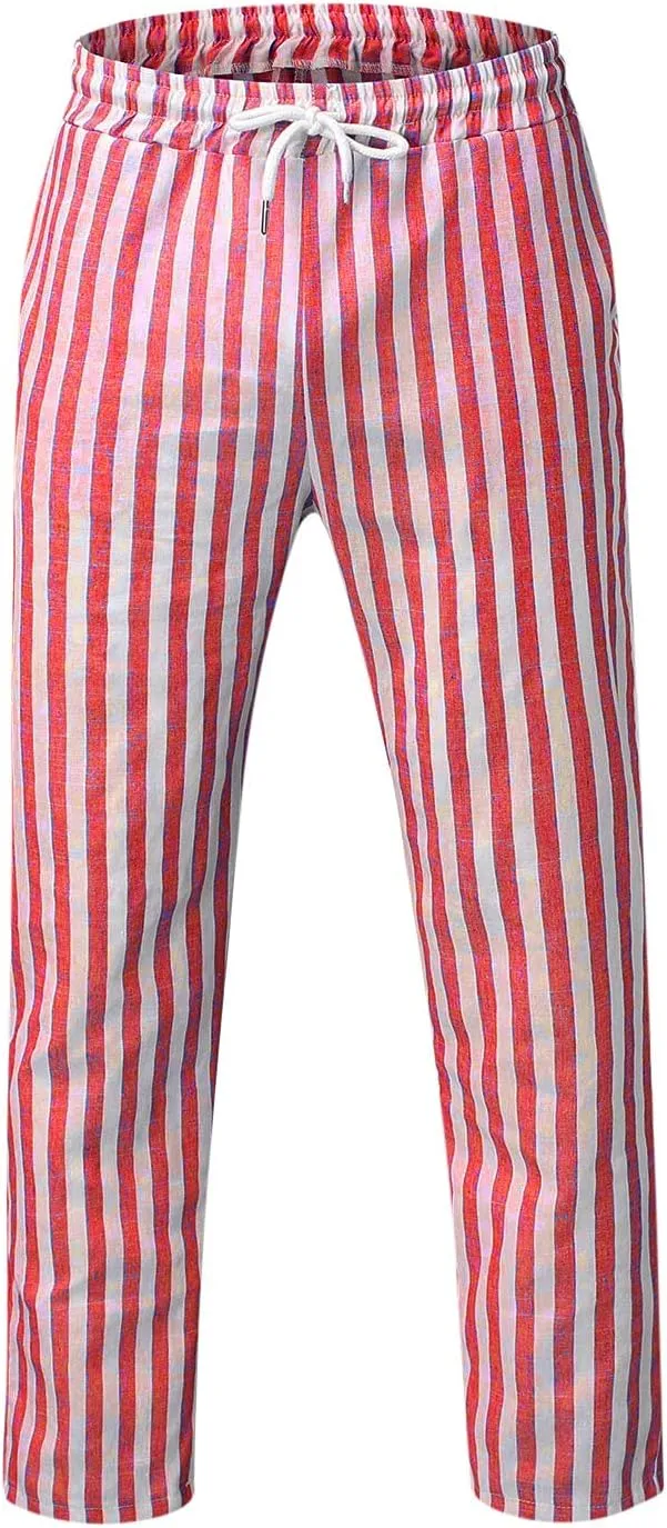 WABEOR Striped Pants for Men Cotton Linen Loose Fit Straight Trousers Breathable Casual Elastic Waist Drawstring Lounge Pants