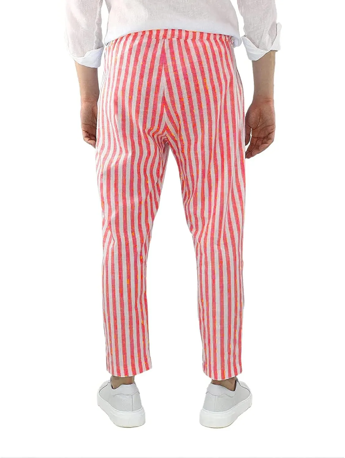 WABEOR Striped Pants for Men Cotton Linen Loose Fit Straight Trousers Breathable Casual Elastic Waist Drawstring Lounge Pants