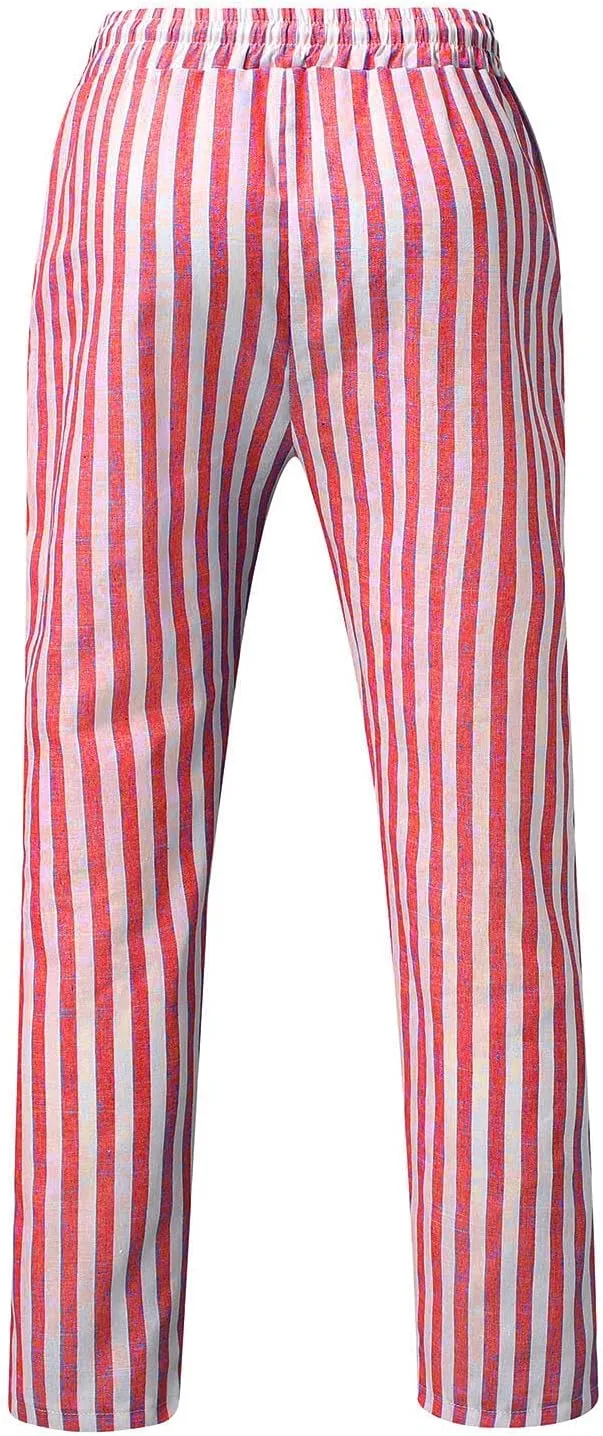 WABEOR Striped Pants for Men Cotton Linen Loose Fit Straight Trousers Breathable Casual Elastic Waist Drawstring Lounge Pants