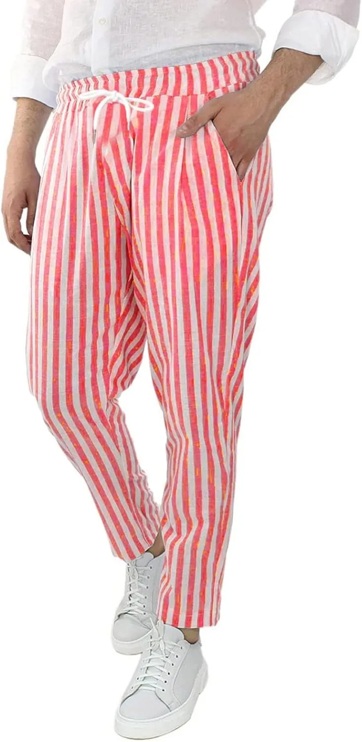 WABEOR Striped Pants for Men Cotton Linen Loose Fit Straight Trousers Breathable Casual Elastic Waist Drawstring Lounge Pants