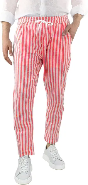 WABEOR Striped Pants for Men Cotton Linen Loose Fit Straight Trousers Breathable Casual Elastic Waist Drawstring Lounge Pants