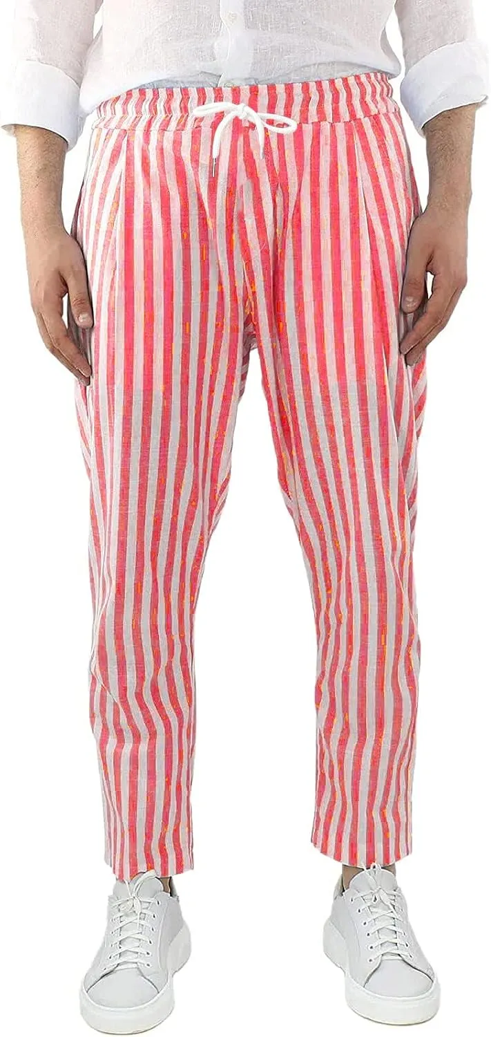 WABEOR Striped Pants for Men Cotton Linen Loose Fit Straight Trousers Breathable Casual Elastic Waist Drawstring Lounge Pants