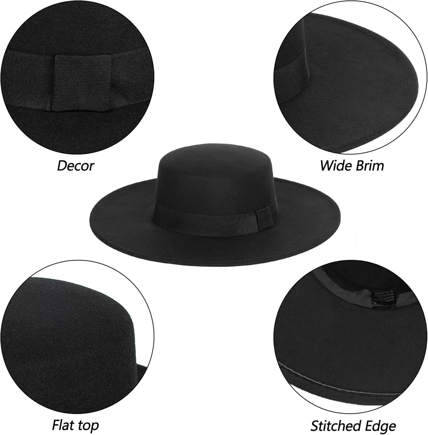 Wide Brim Panama Fedora Hat - Warm Felt Flat Top Pork Pie Cap for Women Men (Size:M/L)