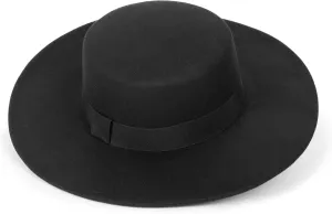 Wide Brim Panama Fedora Hat - Warm Felt Flat Top Pork Pie Cap for Women Men (Size:M/L)